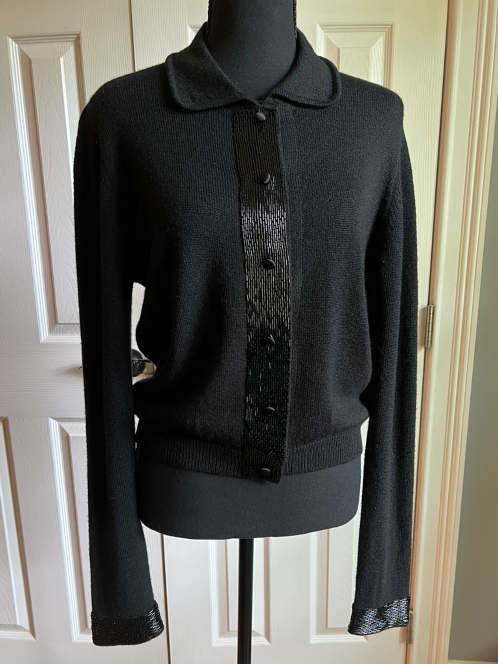 Armani Exchange Black Knit Cardigan with Bugle Bead Accents